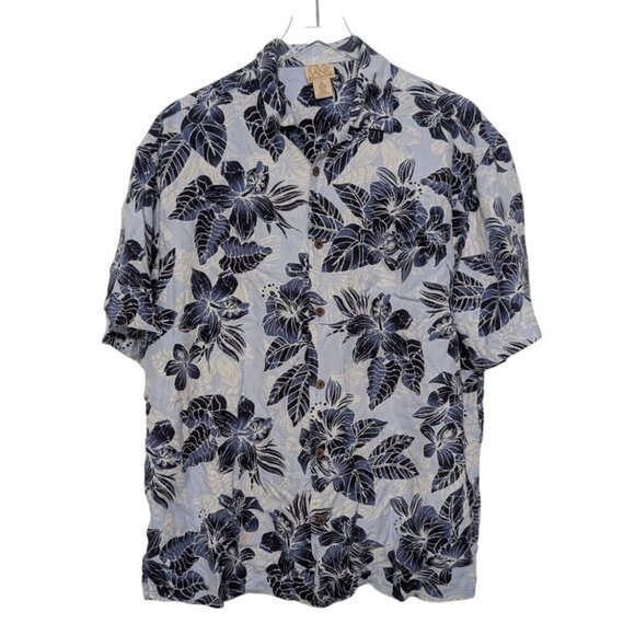 Jos A Bank Silk Floral Hawaiian Shirt Mens XL Blue Aloha Tropical Short Sleeve - Picture 1 of 8